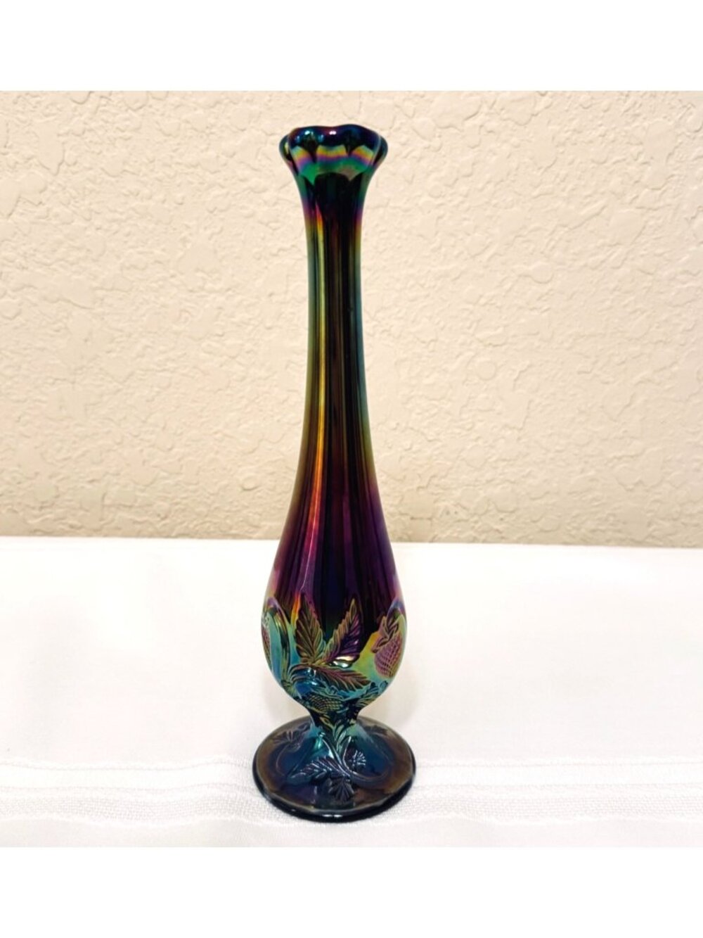 Vintage Fenton Amethyst Iridescent Glass Swung Vase With Strawberry Design 10"